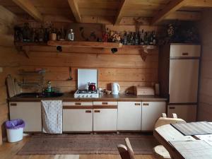 eine Küche mit einem Herd und einem Kühlschrank in einer Hütte in der Unterkunft Domek U Leny in Polana