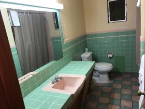 baño verde con lavabo y aseo en Motel Town House, en Bedford