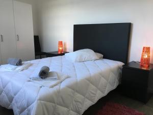 een slaapkamer met een groot wit bed met twee lampen bij Escadinhas da Sé in Viseu