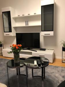 a living room with a tv and a vase of flowers on a table at Apartment Queen in Zagreb