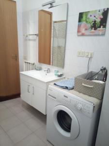 ein Badezimmer mit einer Waschmaschine und einem Waschbecken in der Unterkunft Via Cortonese n. 27 in Perugia
