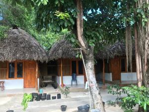 a group of buildings with thatched roofs and a tree at Ova Baluk Bungalow in Nembrala