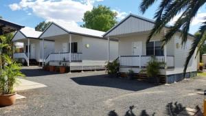 a white house with a palm tree in front of it at Augathella Palms Motel in Augathella