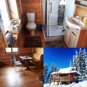2 Bilder eines Badezimmers mit WC und Waschbecken in der Unterkunft Chata w Górach in Klikuszowa