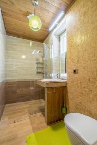 ein Bad mit einem WC, einem Waschbecken und einer Dusche in der Unterkunft "Spring" apartment in Viljandi