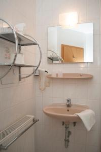 W łazience znajduje się umywalka i lustro. w obiekcie Waldfrieden Waldheim w mieście Waldheim