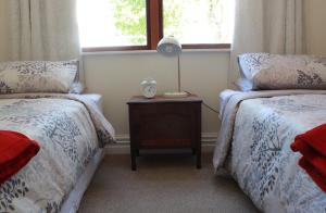 a bedroom with two beds and a table with a lamp at Entwhistle Cottage in Christchurch