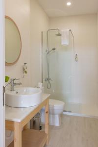 a bathroom with a sink and a shower and a toilet at ó Poboa Guesthouse in Póvoa de Varzim +52 photos