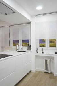 a white kitchen with a sink and two windows at Foncalada 13 in Oviedo