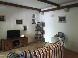 sala de estar con sofá y TV de pantalla plana en Stone House and Cottage Clio en Vrbanj