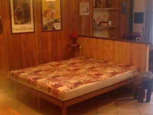 a bed in a room with a wooden wall at MAISON CESAR in Cogne