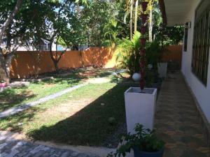 a yard with trees and a fence and some plants at Santosa Villa in Galle