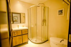 a bathroom with a shower and a toilet and a sink at Yamei Garden Homestay in Hohhot