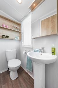 a bathroom with a white toilet and a sink at Polborder Holidays Looe Country Park in Looe