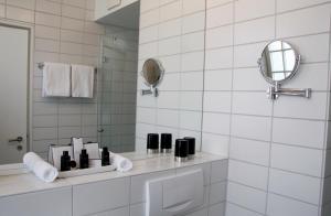 a bathroom with a mirror, sink, and shower at Gast - und Kulturhaus Der Teufelhof Basel in Basel