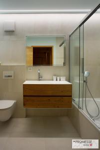 ein Badezimmer mit einem Waschbecken, einem Spiegel und einem WC in der Unterkunft Chalet "La Promesse" in Bagnes