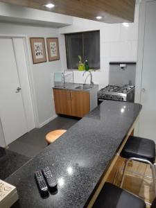 
a kitchen with a sink and a counter top at Plaza Huelen in Santiago
