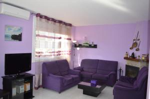 Sala de estar de color púrpura con 2 sillas de color púrpura y TV en Villa Lagem en Cubelles