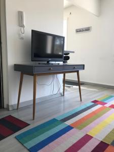 a television on a table in a room with a colorful rug at T1bis meublé tout confort in Tours