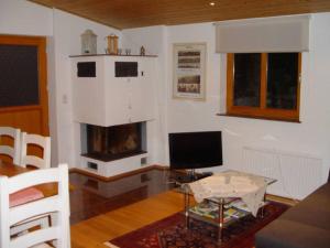 a living room with a television and a fireplace at Haus Weichart in Sulzburg