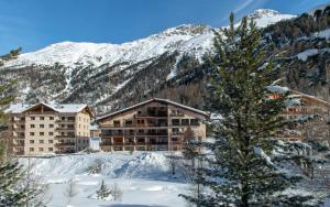 a hotel in the snow with a tree in the foreground at Chesa La Furia in Pontresina