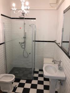 W łazience znajduje się prysznic, toaleta i umywalka. w obiekcie Residenza Vittorio Emanuele w mieście Gorycja