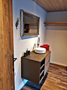 een badkamer met een wastafel en een spiegel bij Churchstreet appartements in Meiringen