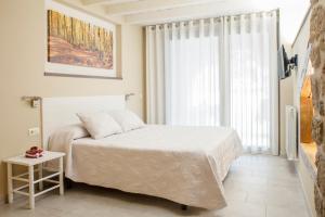 um quarto com uma cama e uma grande janela em Habitacions Plaça Major em Santa Pau