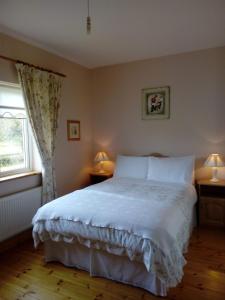 a bedroom with a white bed and a window at Inny River Lodge in Rathowen