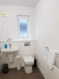 1 Royal View Apartments في ستيرلينغ: حمام ابيض مع مرحاض ومغسلة
