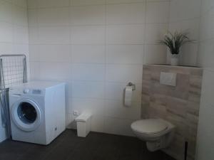 a bathroom with a washing machine and a toilet at Störti 11 in Gnies