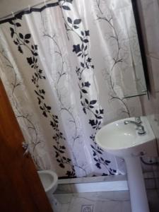 a bathroom with a sink and a shower curtain at La bendicion in Villa Cura Brochero