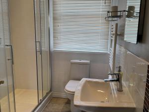 a bathroom with a toilet and a shower and a sink at Duck Cottage in Thirsk +10 photos