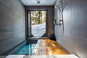 a bathroom with a swimming pool and a window at Phoenix Chalets by HHG in Hakuba