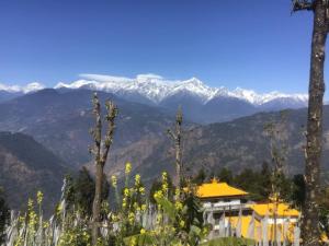 a view of mountains with a building and trees at Vamoose Soshing Homestay in Ravangla
