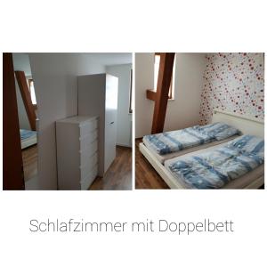 two pictures of a bedroom with a bed and a dresser at Ferienhaus Schäfer in Gerstungen