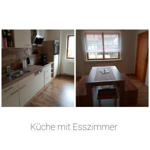 two pictures of a kitchen with a sink and a table at Ferienhaus Schäfer in Gerstungen