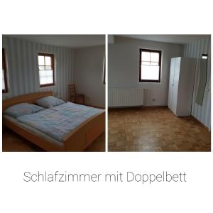 two pictures of a bedroom with a bed and a refrigerator at Ferienhaus Schäfer in Gerstungen