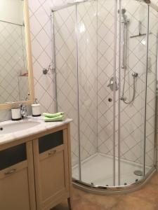 W łazience znajduje się prysznic ze szklanymi drzwiami. w obiekcie Am Ziegenhof w mieście Parndorf