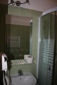 a bathroom with a sink and a shower with a mirror at Ośrodek Wypoczynkowy Rapsodia in Krynica Zdrój