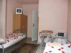 a room with two beds and a table and a desk at Penzion Hamrovka in Dobřív