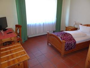 Schlafzimmer mit einem Bett, einem Schreibtisch und einem TV in der Unterkunft Hotel & Weinstube Restaurant Filling in Frankenthal