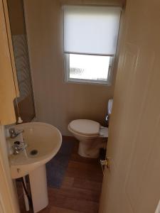 uma casa de banho com um WC, um lavatório e uma janela em 8 BERTH CARAVAN TP49 ON THE GOLDEN PALM CHAPEL ST LEONARDS em Skegness