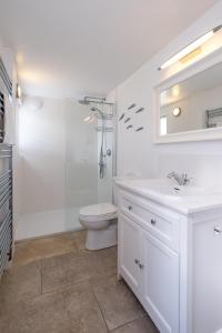 ein weißes Badezimmer mit Dusche und Toilette in der Unterkunft Pear Tree Cottage in Aldeburgh + 10 Fotos
