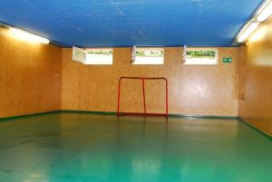un gimnasio con suelo verde y barandilla roja en Gasthof Bogenrieder, en Waidhofen