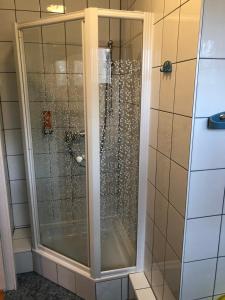 prysznic ze szklanymi drzwiami w łazience w obiekcie Haus Camelia w mieście Bad Tatzmannsdorf +34 zdjęcia