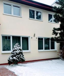 a snow covered tree in front of a house at Mocca House in Raszyn