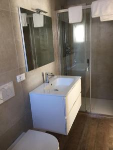 La salle de bains est pourvue d'un lavabo blanc et d'une douche. dans l'établissement Agriturismo Moiè, à Comelico Superiore