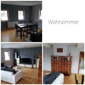 two pictures of a living room and a dining room at Ferienhaus Schäfer in Gerstungen