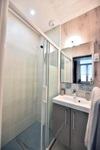 a bathroom with a shower and a sink and a mirror at Studio "Le Duffit" - RDC in Berck-sur-Mer